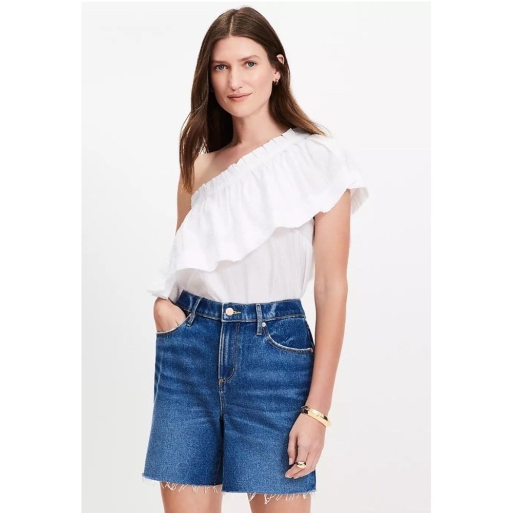 LOFT Blouse Womens Medium White One Shoulder Ruffle Trim Textured Romantic